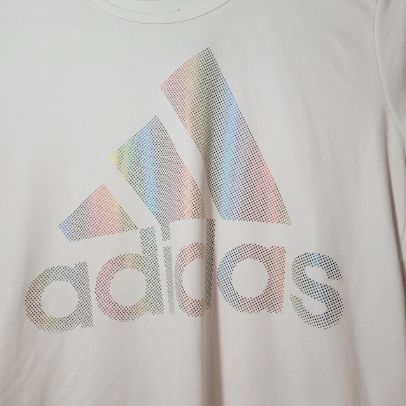 Kids White Adidas ss Iridescent logo design on front S XL fits like womens xs - Picture 1 of 5